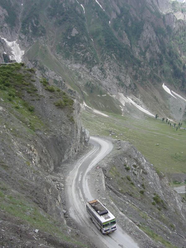A bus just like ours on a lower wind of road. At least this one is upright.